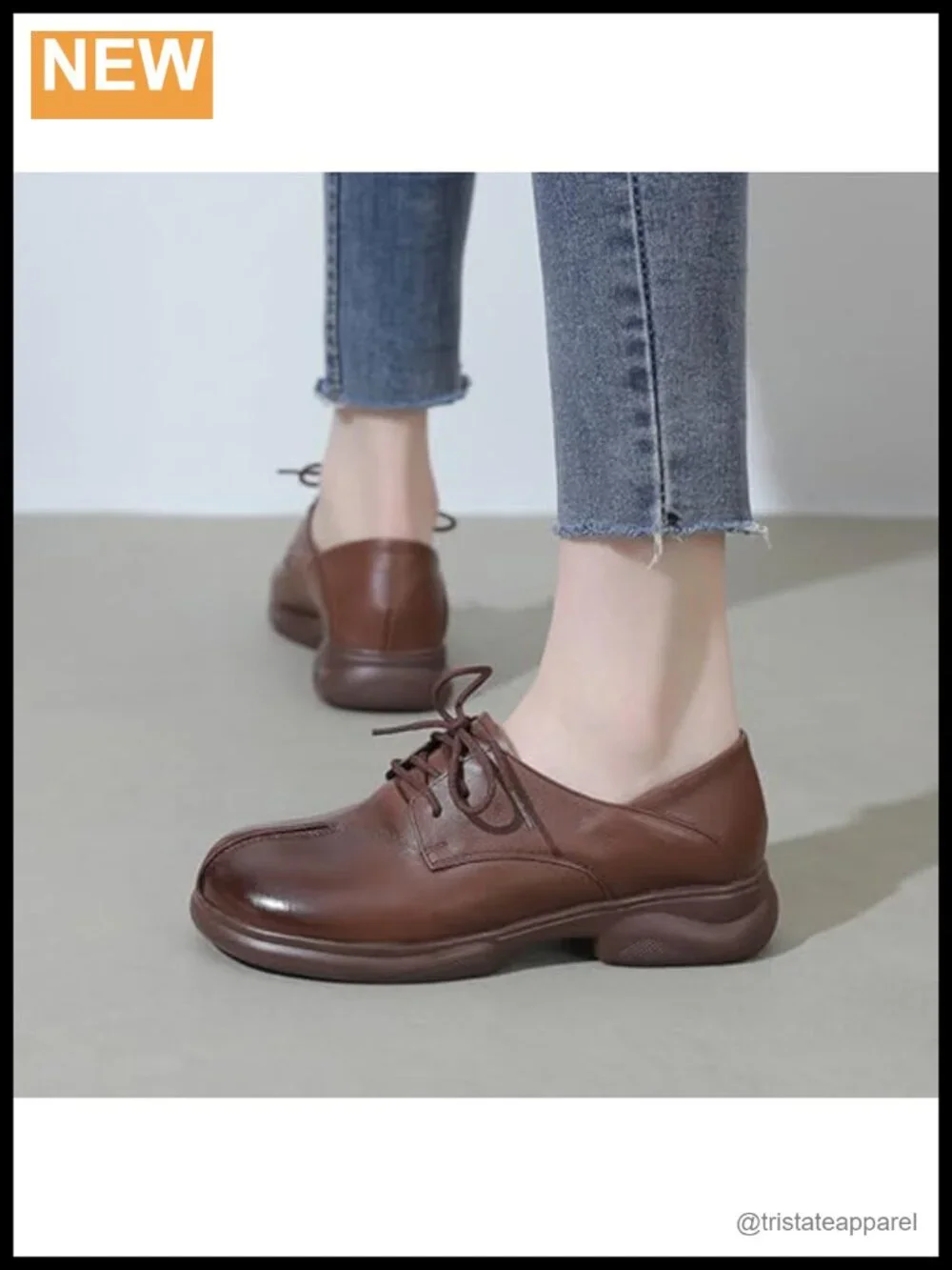 Vintage Leather Platform Oxfords Lace-Up Round Toe Non-Slip Walking Shoes